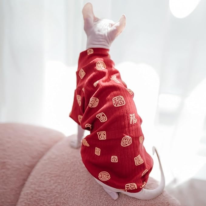 Traditional Culture Sphynx Hairless Cat Cotton T-Shirts Cat Clothes Pet Sweater Cat Vest Pet Clothes Kitten Shirts Cats & Small Dogs Apparel (Fu Means Lucky and Happy, XXL (13-15 lbs))