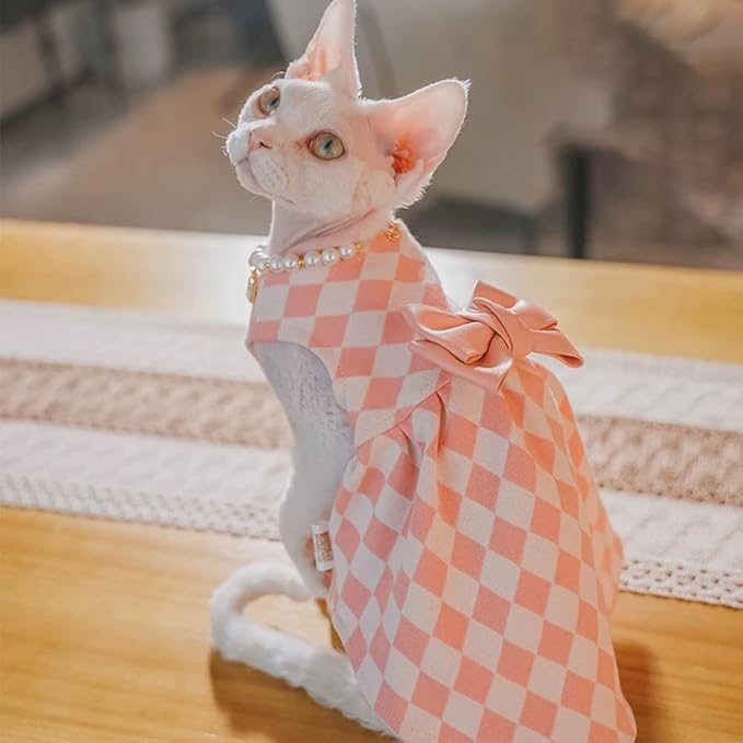 Sphynx Cat Pink Sleeveless Bow Dress with Pearl Necklace Set, Cute & Stylish Pet Apparel for Daily Wear, Cute Dress for Cats and Puppy (Small (2.5-3.5 lbs))