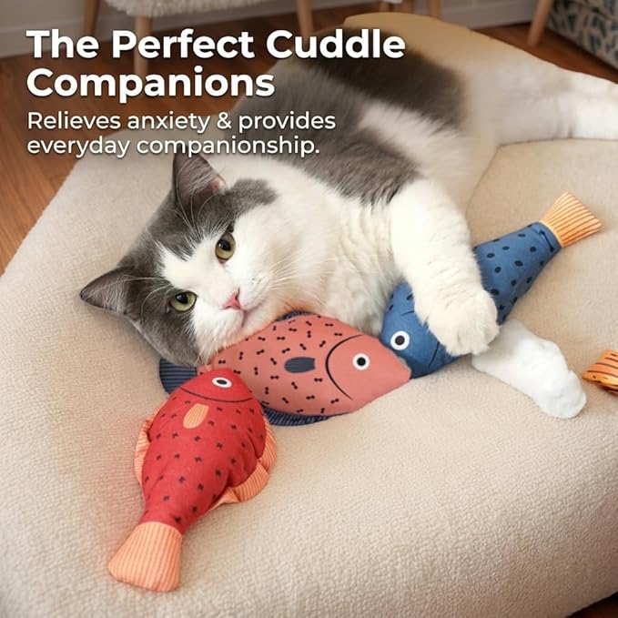 Tails & Tales Cat Toys Fish, Catnip & Crinkle Sound Plush, Bite-Resistant & Soft Interactive Toys for Indoor Cats & Kittens, Reduces Stress & Encourages Activity, Pack of 3