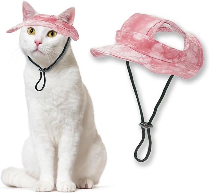 Pet Hat with Ear Holes Sunscreen Cap, Adjustable String Dog Cat Summer Sun Hat,Cat Dog Bucket Hat for Birthday Party Costume Decoration Outdoor Hiking (Pink, Medium)