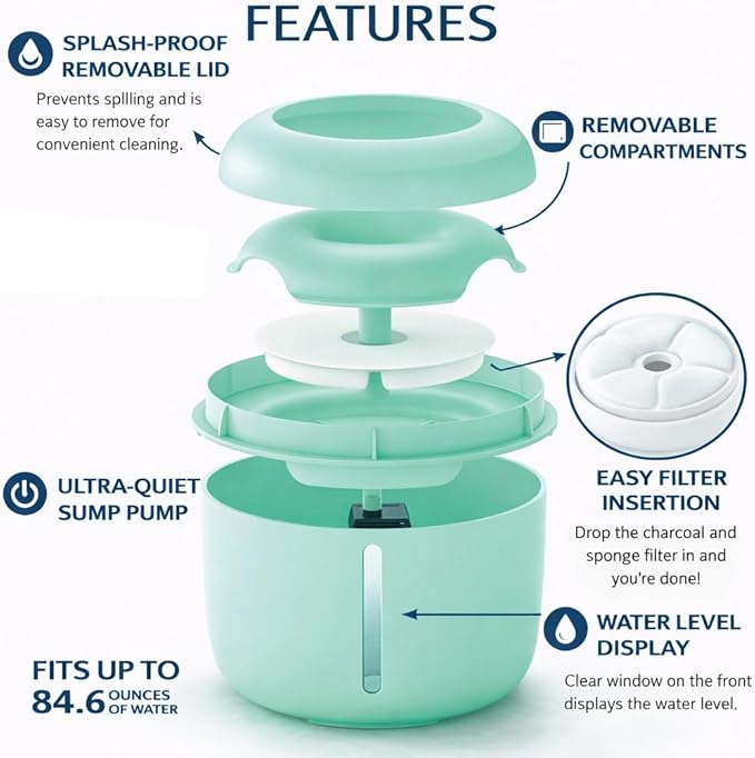 Pet Life ® 'Moda-Pure' Ultra-Quiet Filtered Automatic Dog and Cat Fountain Waterer or Feeder with Automatic Shutoff Feature - Includes Filter