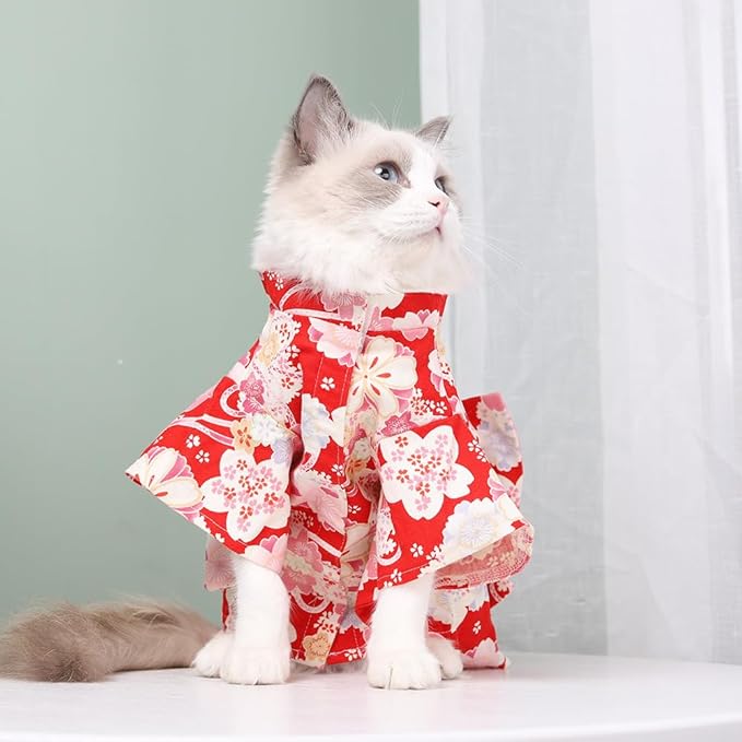 Cute Cat Kimono Dress SakuraFlower Pattern with Bowtie Pet Photo Cat Halloween Costume Cat Princess Cute Cat Outfit (Red,XL-18to24lb)