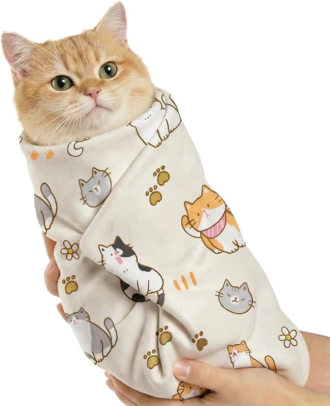 BFNN Cat Grooming Wrap for Cutting Nails, 27.6" Anti-Escape Calming Cat Swaddle Wrap for Medicine, Nail Clipping, Teeth Brushing, Ear Cleaning, Self-Adherent Burrito Restraint, (CatLand, L)