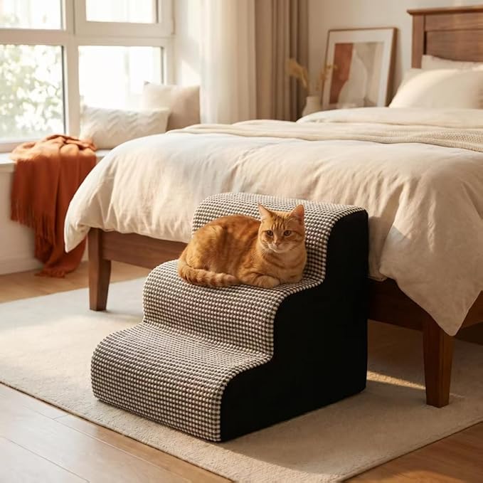 Dog Stairs for Small Dogs，35D Pet Stairs Steps 15” H with Durable Non-Slip Waterproof Fabric Cover, Slope Stairs to Bed for Small Dogs and Cats or Pets Joints, 3 Step Dog Ramp for Couch and Bed