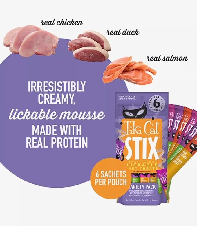 Tiki Cat Stix Wet Treats, Grain Free Lickable Smooth Mousse Blend in Creamy Gravy with Chicken, Duck and Salmon Variety Pack 6 Stix in 1 Pouch Plus 1 Cat Pom Pom Balls Toy
