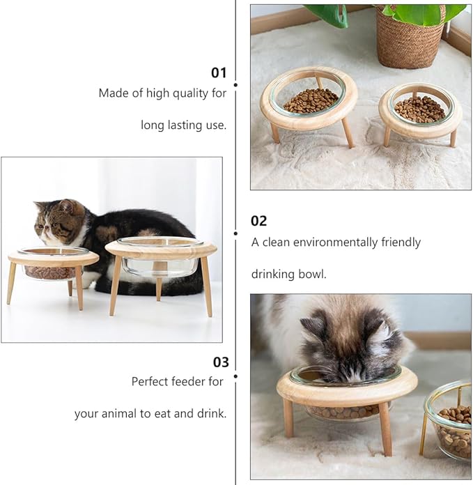 Glass Pet Bowl with Detachable Wooden Stand 14.7cm 480ml Raised Feeder for Cats and Dogs Sturdy Feeding and Watering Supplies