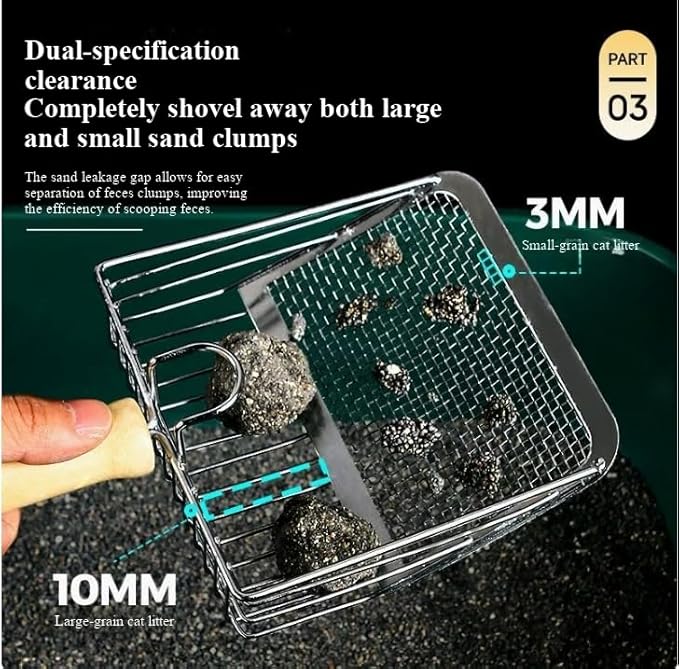 Metal Cat Litter Scoop, Stainless Steel, Large Size, Fine-Hole, Shovel for Scooping Feces (Holy Light Silver, Length 10.83 inches, Width 5.31 inches)