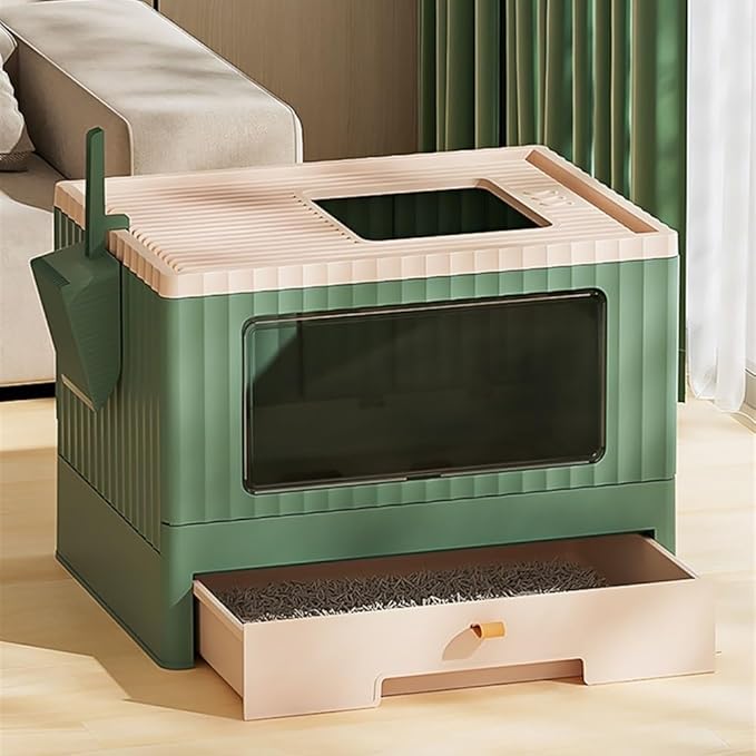 Pet Supplies, Foldable Cat Litter Box with Lid & Scoop,Top Entry Anti-Splashing Enclosed Toilet(Green)