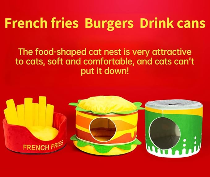Cat Nest Burger French Fries Shape Cat House Removable and Easy to Clean Cat Sofa Bed Convertible Shape Cat and Dog Nest (French Fries)