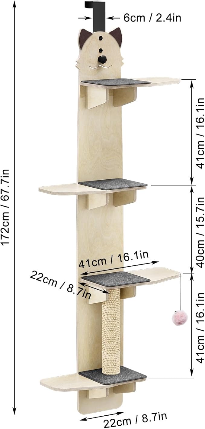 4-Levels Door Hanging Cat Climber Door Cat Tree, Door Hanging Cats Shelf Cats Ladder with Scratching Post Tease Cat Ball Easy to Install Space-Saving 16.54" x 9.06" x 66.93"