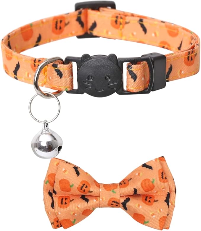 Halloween Cat Collar Breakaway with Cute Bow Tie and Bell for Kitty Adjustable Safety