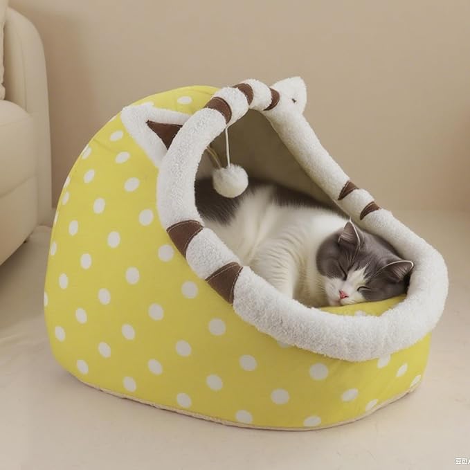 Andiker Cat Beds for Indoor Cats, Semi-Enclosed Cat Cave Bed with a Plush Ball Large Space for Cats to Sleep Soft and Comfortable Covered Cat Bed with a Washable and Detachable Mat (Yellow, L)
