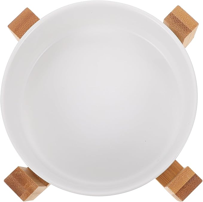 Alipis Ceramic Elevated Cat Bowl with Wood Rack, High Feet Feeder Small White Straight Edge, Raised Feeding and Watering Dish for Cats and Kittens