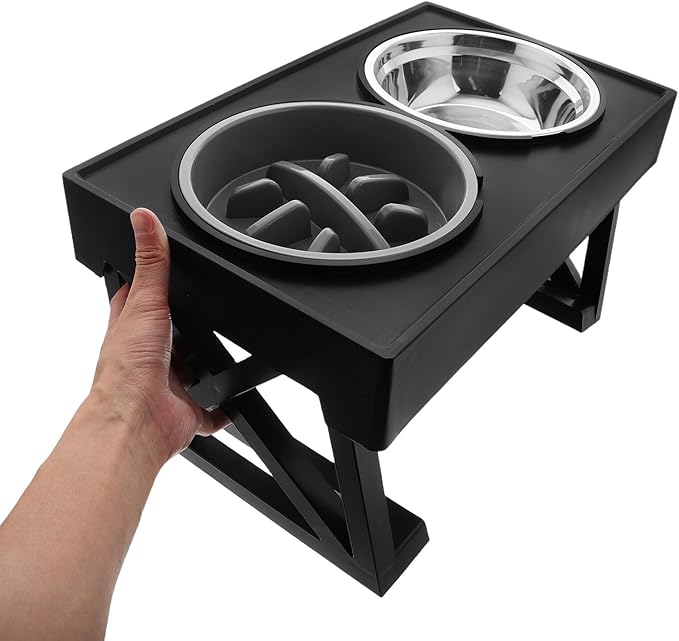 Beaupretty Elevated Double Pet Bowl Set Stainless Steel Slow Feeder with Adjustable Stand for Cats and Small Dogs Feeding and Watering Supplies