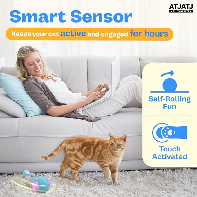 Interactive Cat Balls Toys for Indoor Cats, Automated Smart Ball Cat Toy with Elastic Mesh Tail, 3-Speed Rechargeable Rolling Kitten Toy, Electronic Mental Stimulating Self Play Pet Ball for Fun