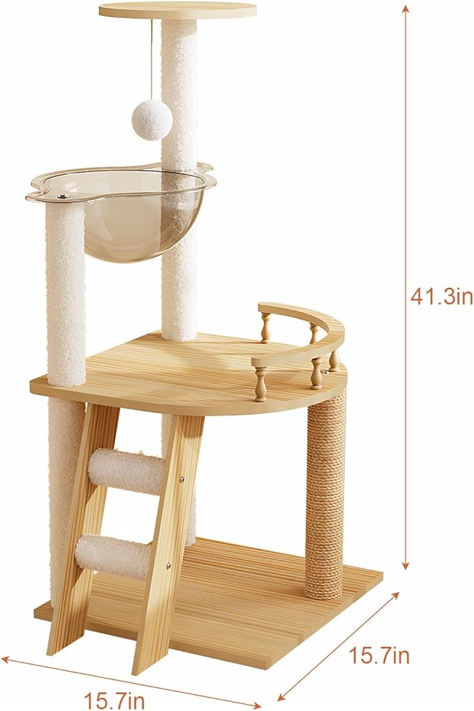 Modern Wood Cat Tree for Indoor Cats, Cat Tower with Sisal Scratching Posts, Top Perch & Acrylic Hammock, Cat Condo for Small to Large Cats (41.3")