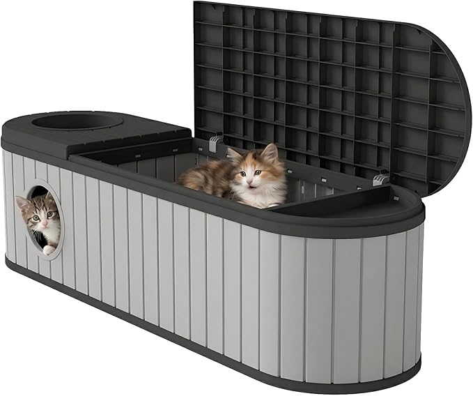 Large Cat Litter Box Enclosure with Hidden Cat Bed, 2-in-1 Resin Cat House Furniture with Flip-Top Lid & Dual-Way Swing Door, Multi-Functional Side Table Bench for Living Room, Easy-Clean Odor Control