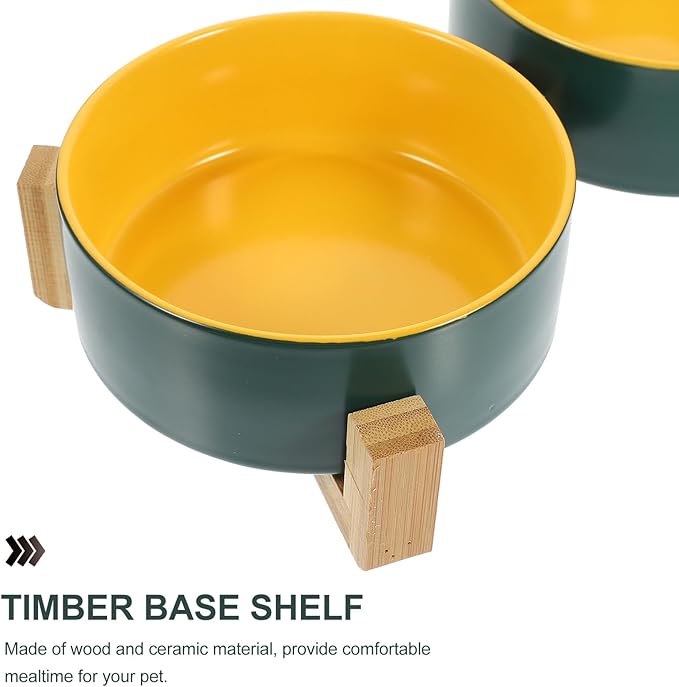 Beavorty Ceramic Elevated Cat Bowl with Dual Color Matte Finish, Green and Yellow Inner Bowls, Small Double Dish Set with Wooden Stand for Household Pet Feeding and Watering