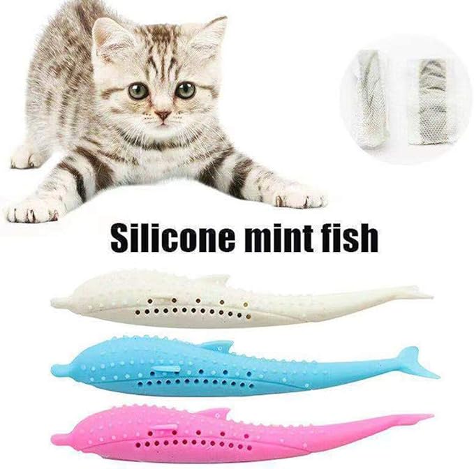 Arinda Silicone Fish Shape Cat Toothbrush Teething Toy with Catnip Pet Toys