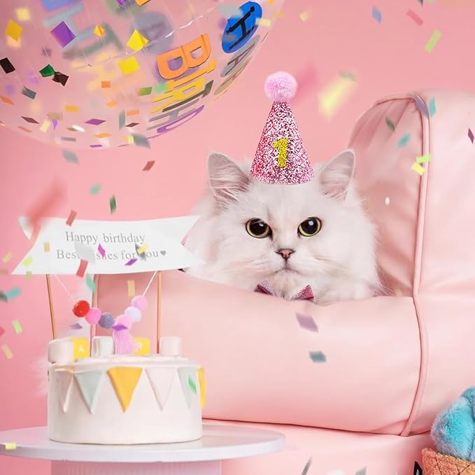 Cat Birthday Hat Girl Happy Birthday Decorations Outfit Banner Party Supplies Bow tie Collar Catnip Chew Biting Kick Toys for Cat Girl (Pink)