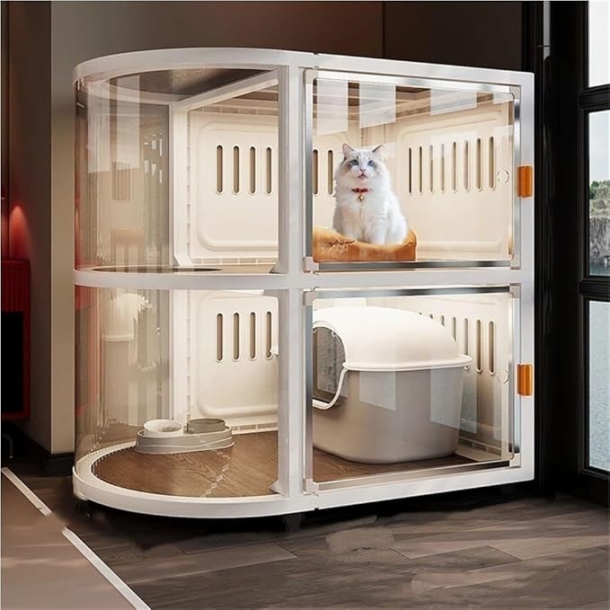 PP Materials Cat House Large Space, Enclosed Cats Condo, Cat Enclosure with Wheels, Cat Villa with Curved Transparent Windows(White,36.6x38.2in)