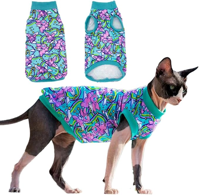 Sphynx Cat Clothes, Hairless Cat Shirt, Soft Stretchy Sweater for Cats, Breathable Cat Daily Outfit,Pullover for Cornish Rex, Devon Rex (Green, M (3.5-5lbs))