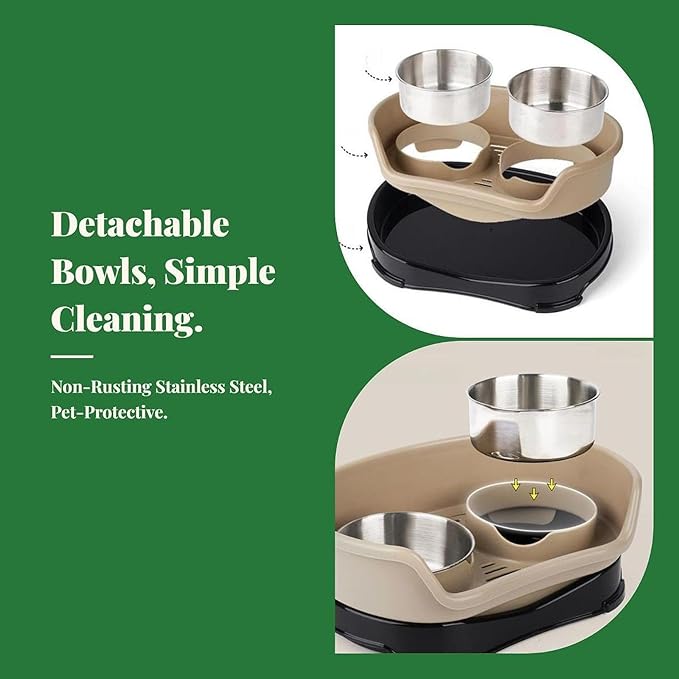Gralara Cat Water and Food Bowl Feeder Feeding Dish Easy to Clean Non Slip Double Bowl Pet Feeder for Small Dogs, Brown