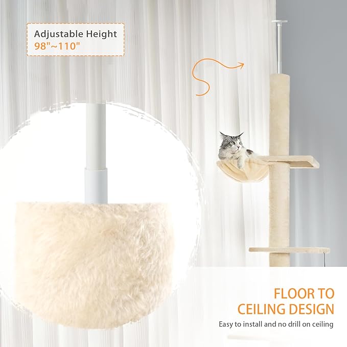Floor to Ceiling Cat Tree, Cat Tower with Adjustable Height 98-110 Inches, 5 Tiers Tall Cat Tree Floor to Ceiling with Cozy Bed,Platforms, Sisal Scratching Posts for Cats Beige