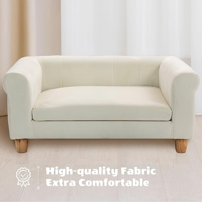 CRITTER SITTERS 33” Faux Suede Ped Bed in Cream, Durable Washable Sofa Couch for Small & Medium Cats & Dogs, Must Have Accessory for Yorkies, Shih Tzus & Frenchies, Kitten & Puppy Essential Furniture