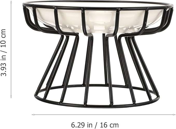 TOYANDONA Elevated Ceramic Cat Bowl Set with Neck Guard, Non-tip Black Iron Rack, Fishbone Plate Design for Indoor Pet Feeding and Watering