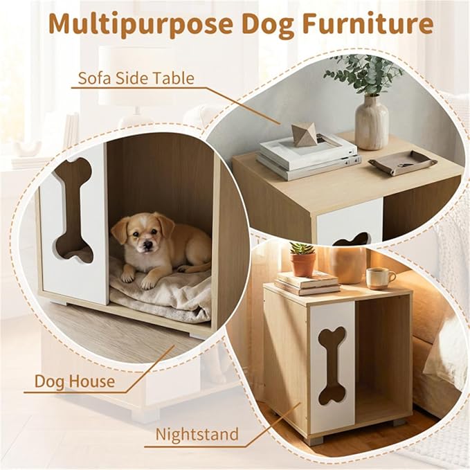 Wooden Cat Dog House Side Table, 2-in-1 Pet Bed Condo with Bone-Shaped Window and 2" Sturdy Metal Legs, Indoor Pet Crate Furniture, Decorative End Table Nightstand for Small Dogs Cats