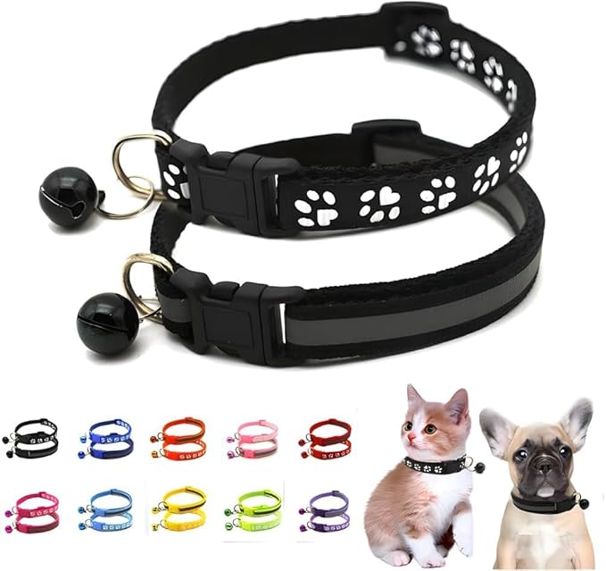 Puppy Collar with Bell, 2-Pack Basic & Reflective Cat Collar with Bells for XXS Xs Small Pet Dogs Boy Tiny Kitten Male Animal, Neck 7-12 inch (Black)