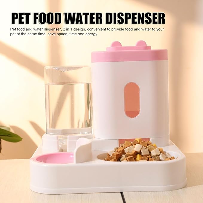 2 in 1 Automatic Cat Feeder and Water Dispenser, Large Capacity Self Feeding Dog Food Dispenser Gravity Food Bowl with 1l Water Tank for Multiple Pets (Roseate)