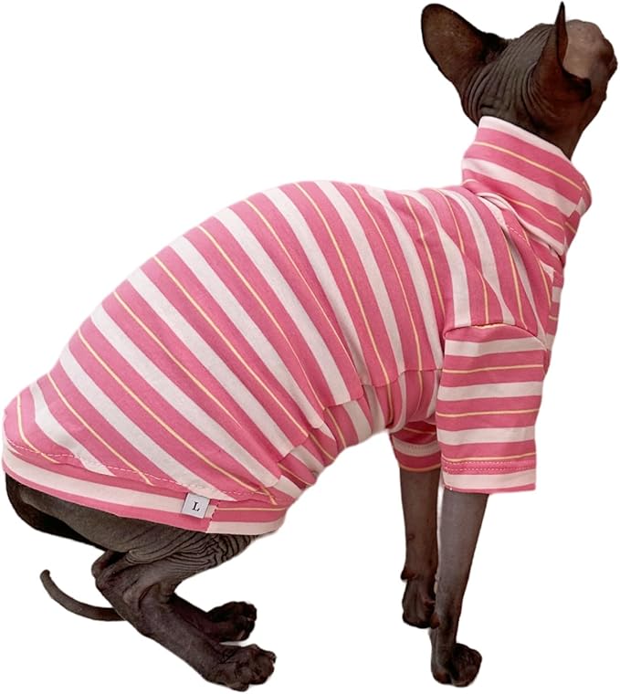 Vintage Stripes Sphynx Hairless Cats Shirt Cotton Cat Turtleneck Pet Clothes Kitten T-Shirts with Sleeves for Sphynx Cats (Sakura, X-Large)