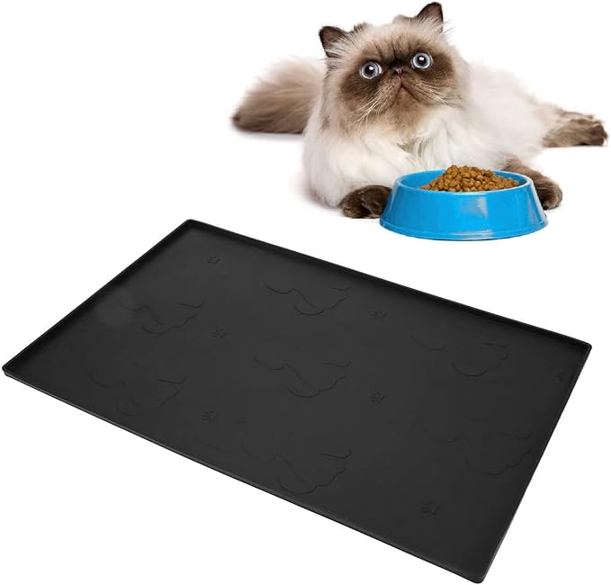 Dog Feeding Mat, Waterproofed Cat Food Mats, Anti Slip Silicone Cat Dog Food Mat for Messy Drinkers to Protect Floors (Black)