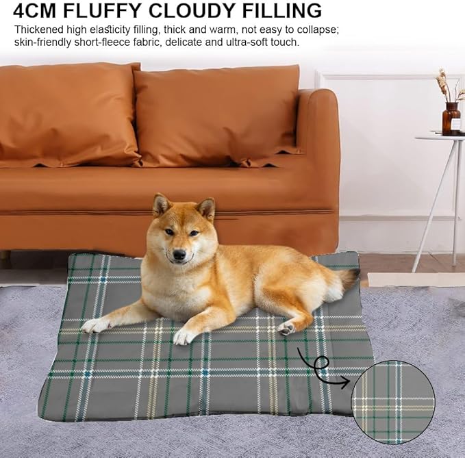 Grey Blue Plaid Dog Car Bed Non Slip Bottom Non Slip Mat for Dogs Cozy Soft Pet Bed for Car Pet Friendly Furniture Printed Dog Crate Pads Gift Winter Cozy 36× 24 Inch Indoor Outdoor