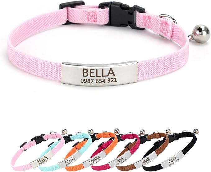 Quick-Release Lightweight Elastic Cat Collar - Custom Engraved ID Tag Safety Collar for Indoor/Outdoor Cats, Personalized Name Plate to Prevent Loss