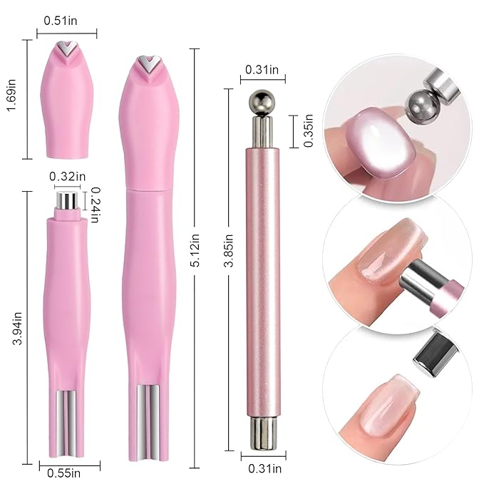 WOKOTO 2 PC Nail Magnets For Nail Art Designs Tools For Nails, 3 In 1 Cat Eye Magnets And Dual End Cylinder & Ball Magnet Pen For Cat Eye Magnetic Nails, Heart, Circle Designs Nail Polish Magnet Set