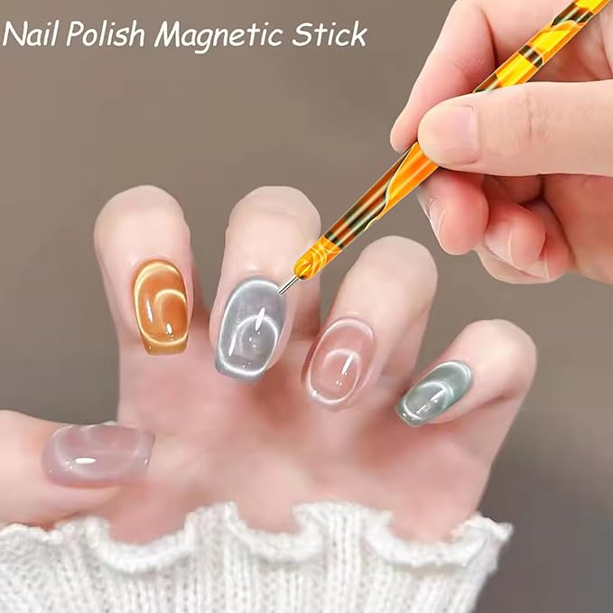 WOKOTO 5pcs Cat Eye Magnets For Nails With 5 Pcs Y-Shape Stencil For Heart Cat Eye Nail Magnet Tools Set, Cylinder, Flower, Pointed Powerful Nail Magnet For Nail Art, Flower Heart Magnet For Nails