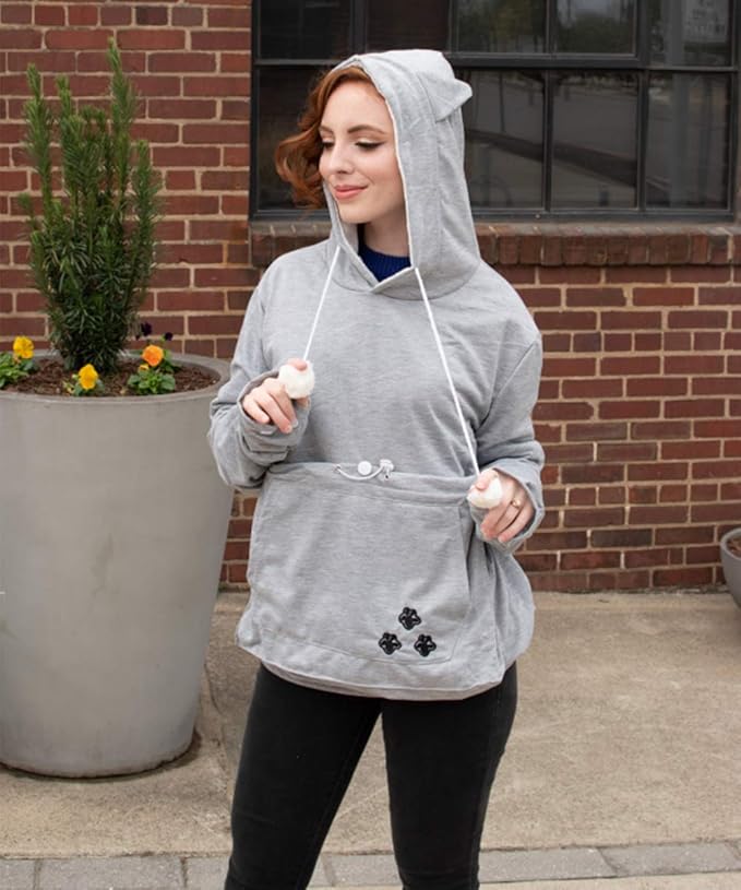 ALYC Unisex Hoodies Pet Holder Cat Dog Large Pouch Carriers Pullover with Cat Printing Sweatshirt (Light Grey- Classic Version, XXXL)
