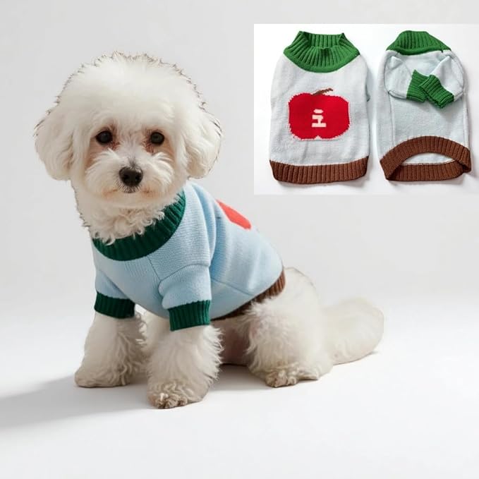 Winter Pet Knit Sweater - Light Blue with Red Fruit Print, Cozy Dog Cat Clothing, XS/S/M/L/XL Sizes(Medium)