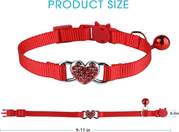 Mtliepte 2 Pcs Cat Collars Heart Bling Breakaway with Bell Nylon Adjustable for Kitty (red+Purple)