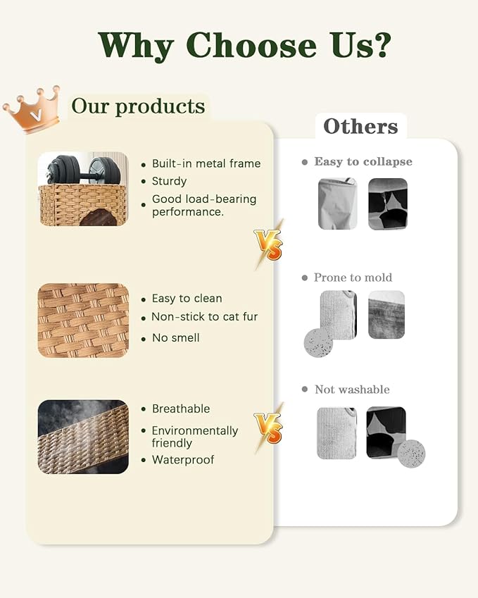 SETVSON Cat House for Indoor Cat, Large Double Cat Houses Cat Bed Cave, Handwoven Rattan Pet Beds with One Soft Pad, 17 x 17 x 17 Inches Foldable Kitten Hideaway in Living Room Natural