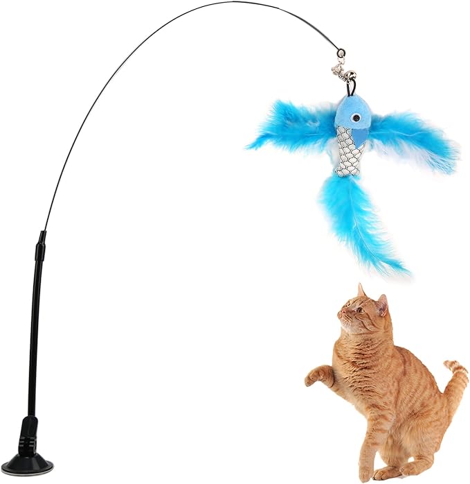 VINGVO Suction Cup Cat Toys for Indoor Cats, Cat Toy Handheld Teaser Wand Toy Interactive Cat Toy Hanging Door Kitten Toys for Kitty Kitten Scratching Exercise Indoor (Blue