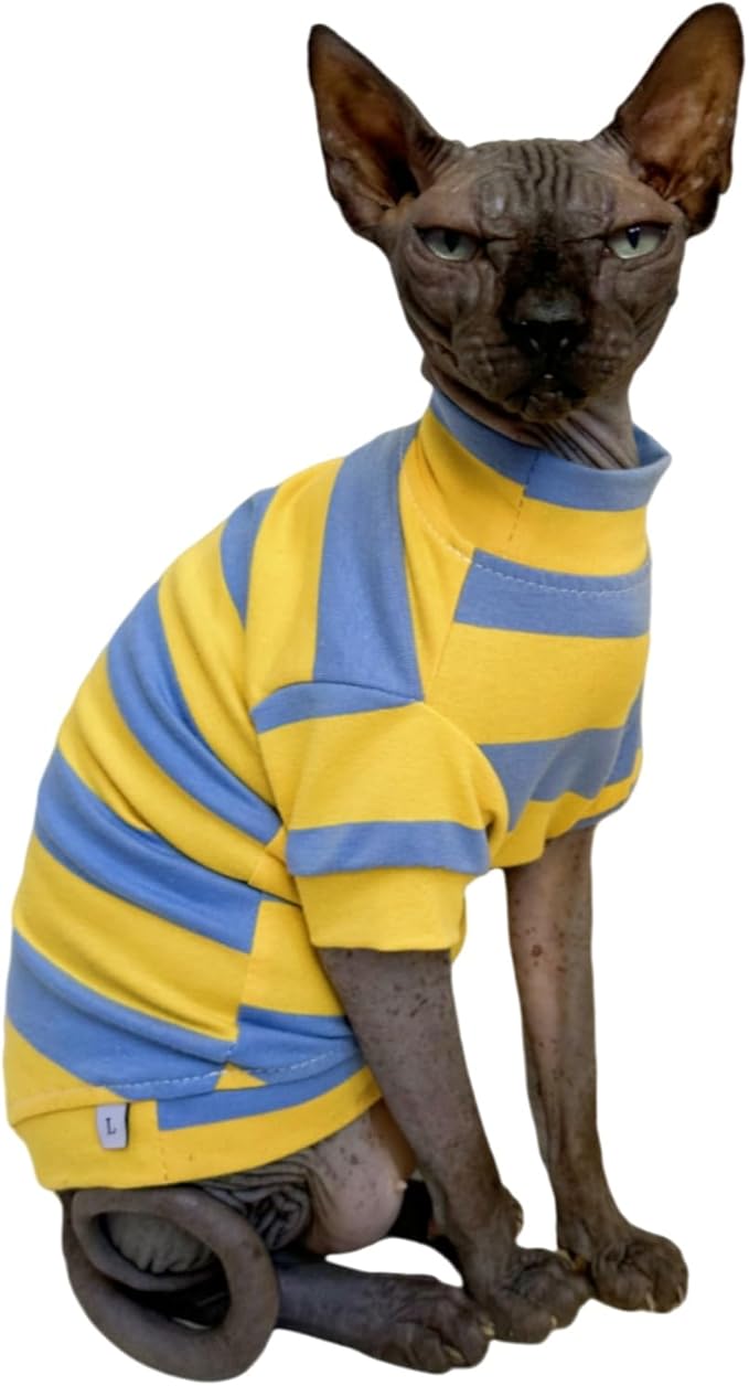 Sphynx Cat Clothes Shirts for Hairless Cat, Wide Stripe Cats Apparel, Kitten Summer Cotton T-Shirts with Sleeves for Cornish Rex, Devon Rex, Peterbald (Blue & Yellow, Small)