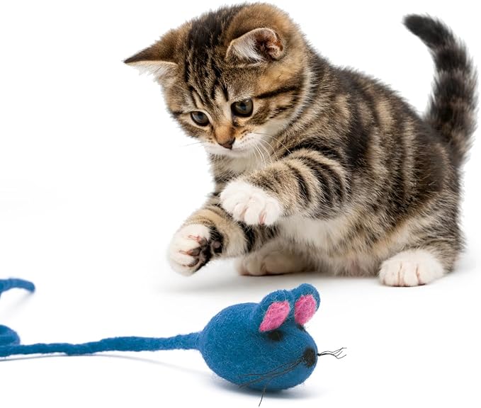 Glaciart One Felt Mouse Cat Toy – Soft Fuzzy Enrichment 100% Natural Wool - Interactive Catnip Play Cat Toy Set - Safe for Pets, Non-AZO Colored Dyes - 42” Long