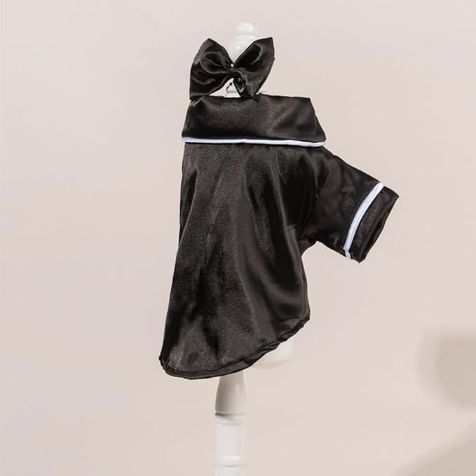 Cat Puppy Costume Elegant Satin Pajamas with Bow Headband 2PCs Set Pet Sleepwear Cute Pet Outfit Cosplay Partywear Photoshoots (Black Set,Small)