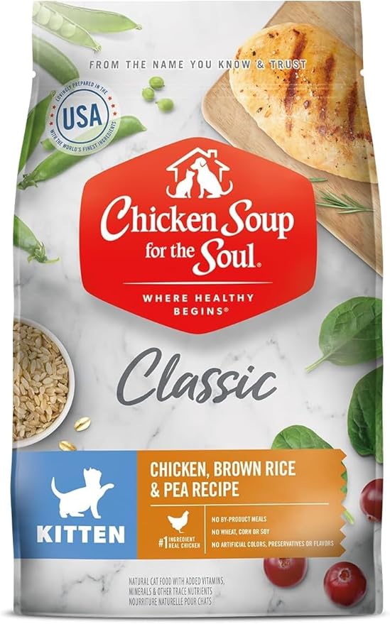 Chicken Soup for The Soul All Natural Premium Dry Kitten Food, Real Meat First Ingredient, No by-Products, Supports Brain & Vision Development, Chicken, Brown Rice & Pea, 12lb