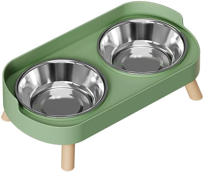 Raised Cat Feeder 2 Bowls in 1 Feeding & Watering Supplies 15° Raised Puppy 2 Stainless Steel Bowls Wood Stand Cats Accessories(Green)