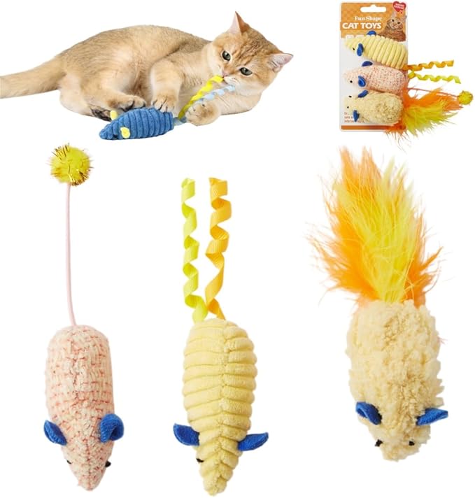 Cat Mouse Toys (3 Pack) with Catnip - Small Interactive Cat Toys for Indoor Play, Perfect for Single or Multi-Cat Households (Yellow)